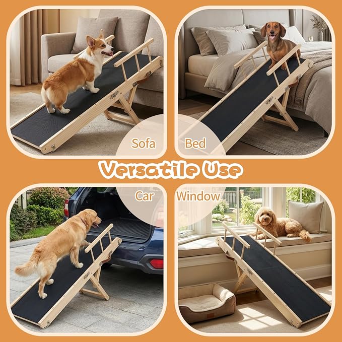Rubber-Mat Dog Ramp with Rails for Couch, Bed or Car - 40" Long Foldable Wood Pet Ramp Adjustable Height from 10" to 21", with High Traction Mat for Small Medium Older Dogs, Up to 180 Lbs