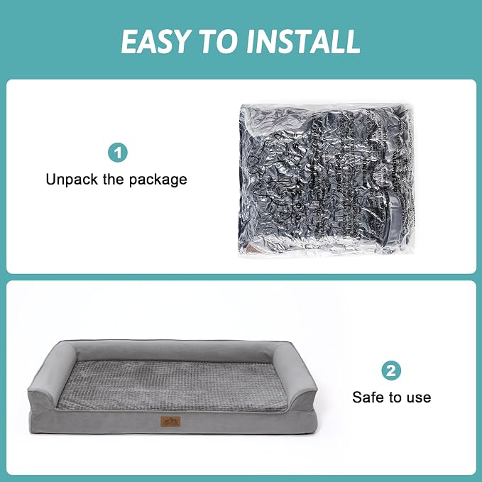 COZY KISS Orthopedic Dog Beds for Large Sized Dog, XL Bolster Pet Couch with Waterproof Lining, Egg Crate Foam Sofa for Pets Up to 100 lbs, U-Shaped, 48x32x7.5 inch, Grey