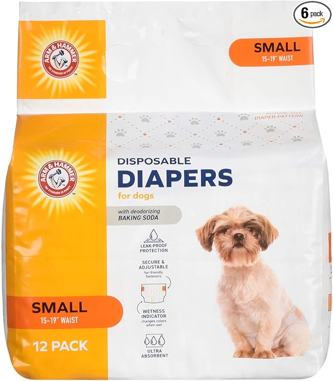 Arm & Hammer for Pets Disposable Female Dog Diapers with Odor Control and Wetness Indicator Leak Resistant for Incontinence and Heat Cycles Size Small 15-19 Inch Waist 12 Count 6 Pack Daily Wear