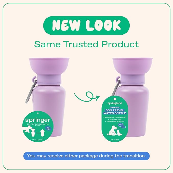 Springer Flip Portable Dog Water Bottle with Foldable Food Grade Silicone Bowl - 20 Ounce Travel Dog Water Bottle Ideal for Camping - Easy Squeeze Hydration & Release to Drain Lilac