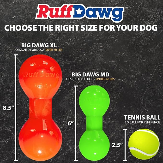 Ruff Dawg Big Dawg Barbell Medium Orange – Heavy-Duty Solid Rubber Dog Chew Toy for Small to Medium Dogs Under 40 lbs – Floats & Bounces – Made in USA