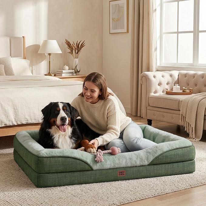EHEYCIGA Orthopedic XL Dog Bed for Large Sized Dog, 42x30 Inch Extra Large Memory Foam Dog Couch Bed with Sides, Waterproof Liner & Washable Removable Cover, Green