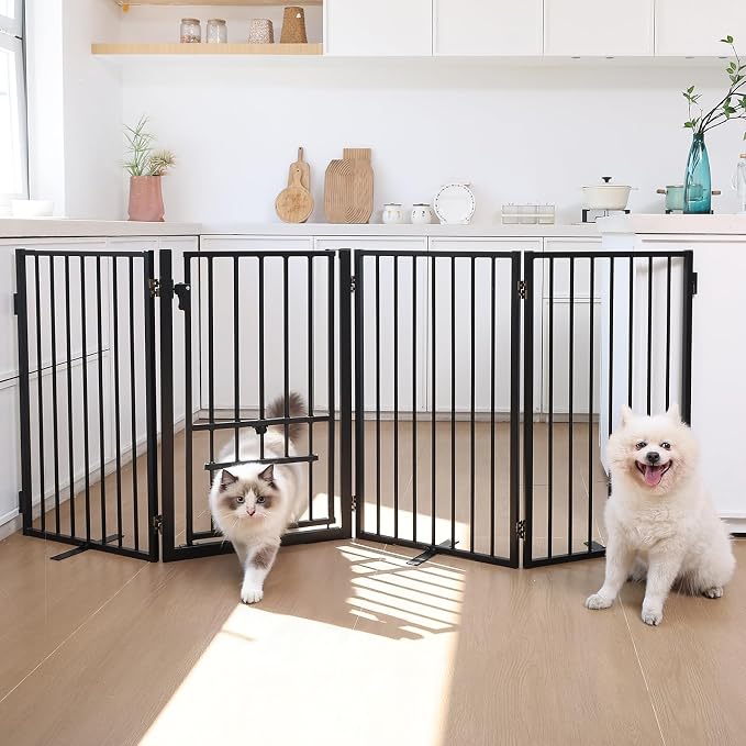 Metal Freestanding Dog Gate with Cat Door for Indoor & Outdoor,34" Tall Foldable Dog Fence,80" Extra Wide Pet Gate for RV Camping,Stairs,Deck,Yard,Doorways,with 3PCS Support(4 Panels,Black)