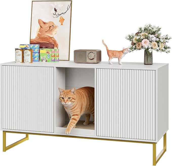 Kitty Litter Box Enclosure for 2 Cats, Small Hidden Cat Litter Box Furniture with Scratch Pad, Modern Fluted Double Litterbox Cabinet TV Stand for Kittens, White