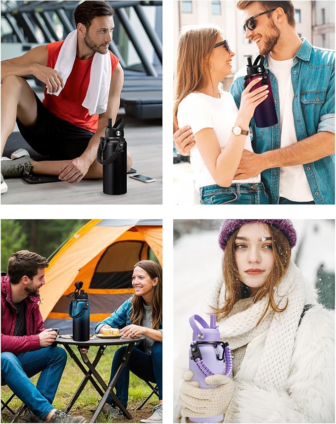 BENZZO Insulated Water Bottle 32/40/64 oz Keep Cold-48h Hot-24h, Water Bottles with Straw & Spout Lids, Carrier Pouch & Paracord Handle, Sports Workout Water Bottle Jug for Men Women