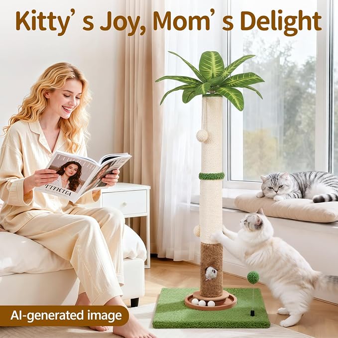 Cat Scratching Post Tall Vertical for Indoor Cats, 35" Palm Tree Leaves Sisal Pole for Large Cats Kittens, Heavy Duty Wooden Carpet Pole with Interactive Track Balls, Furniture Protection