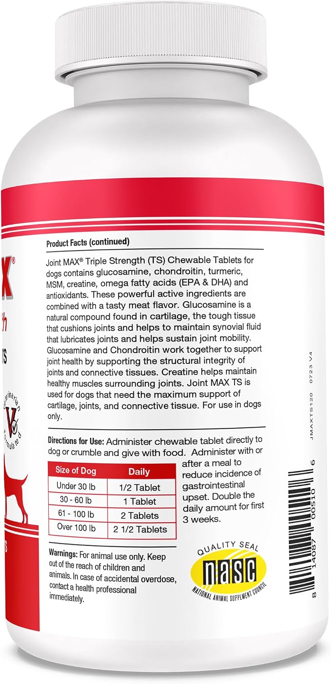 PHS Joint MAX Triple Strength (TS) Chewable Tablets for Dogs - Glucosamine, Chondroitin, MSM - Vitamins, and Antioxidants - Hip and Joint Pain Relief and Support Supplement - Made in USA - 120 Tablets