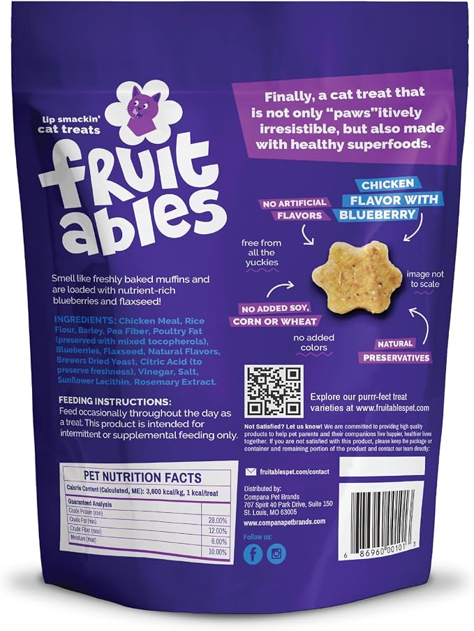 Fruitables Cat Treats, Healthy Treats for Cats, Low Calorie and Packed with Protein, Crunchy Biscuits, No Wheat, Corn or Soy, Made with Real Chicken and Blueberry, 30oz