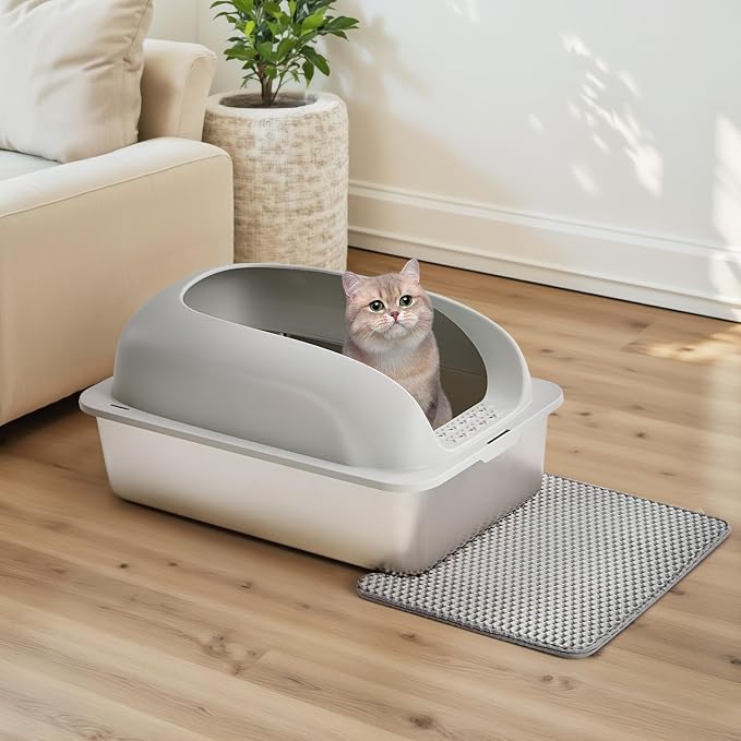 OLIXIS Stainless Steel Cat Litter Box with Lid, Large Cat Litter Box for Big Cats, High Wall Sides, Anti-Urine Leakage, Easy Cleaning, Scoop and Mat Included, Easy Cleaning, Light Gray