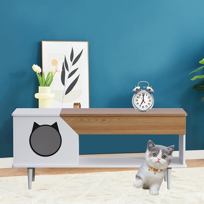 CuisinSmart 45" Cat Coffee Table with Cat House & Storage Drawer, Rustic Wooden Coffee Table, Hidden Litter Box Furniture with Cat Door for Living Room