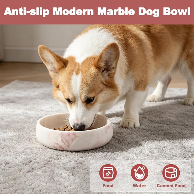 Karibiber Marble Dog Bowl, 6lbs Weighted Dog Food Bowl, Non-Slip Large Heavy Water Bowls, Cute Pink Stone Food and Water Dish for Large Dogs, Natural Marble, Easy to Clean, Holds 6 Cups