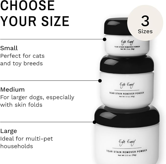 Eye Envy Tear Stain Remover Powder for Dogs and Cats. Natural, Safe Formula. Apply Around Eyes. Absorbs and Cleans Tears and Staining. Keeps Area Dry. Made in The USA. (2.5 oz)