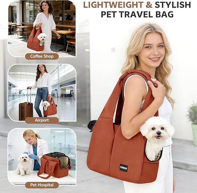 Dog Purse Carrier for Small Dogs and Cats, Soft-Sided Pet Tote Bag with 6 Large Pockets, Collapsible Travel Puppy Carrier, Fits Pets up to 16 lbs (Caramel, 17.5" L x 8" W x 12" H)