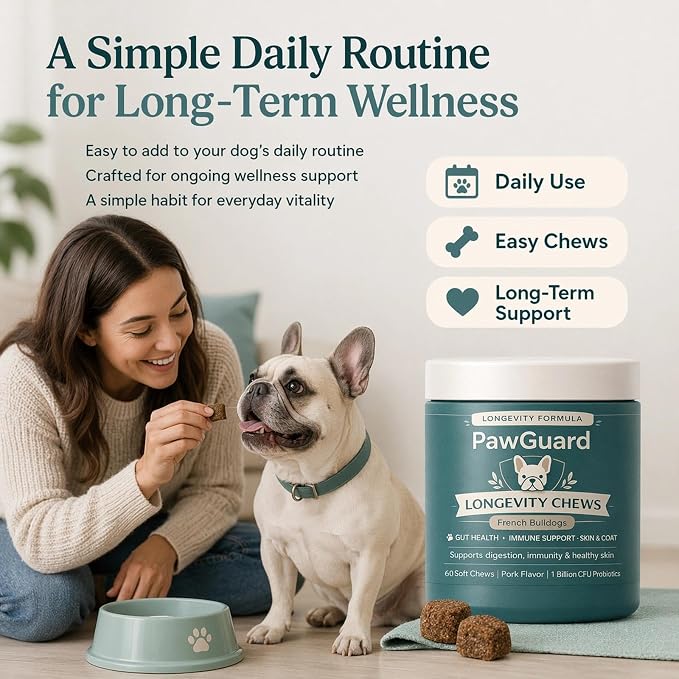 PawGuard French Bulldog Longevity Chews, Breed-Specific Soft Chews for Digestive Health & Immune Support with Probiotics & Digestive Enzymes, Plus Glucosamine & Chondroitin for Joint Support
