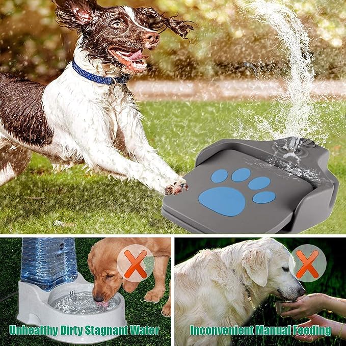 Dog Water Fountain Outdoor, Dog Sprinkler Toy Step on, Paw Activated Pet Drinking Fountain Water Dispenser for Large Or Small Dog Bowl Alternative (Grey)