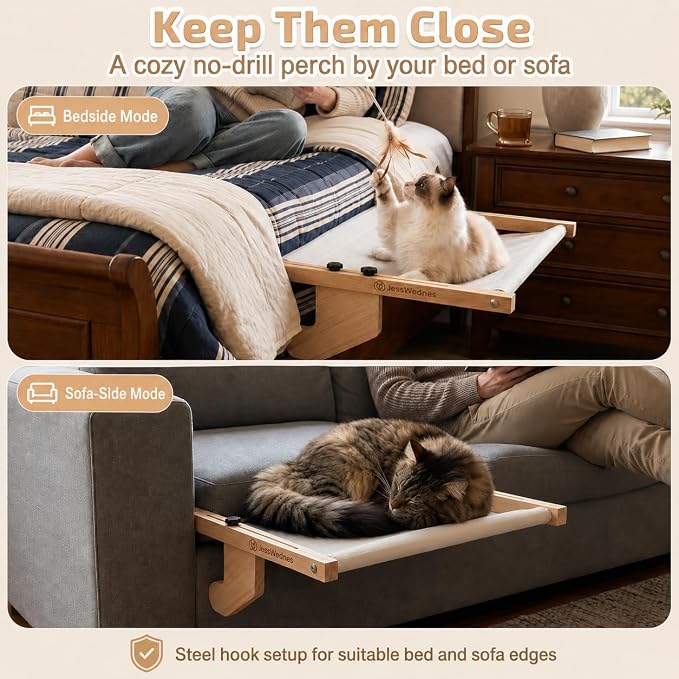 Wide Stable 40 lb Tested Cat Window Perch for Large Cats, 20.1 x 25.2 in Overall Frame, Solid Wood Cat Window Seat with Suction Cups & Steel Hooks, No-Drill for Windows & Sofas