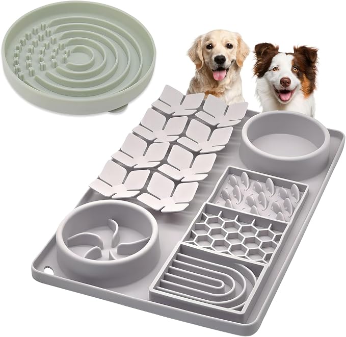 Slow Feeder Bowl Bundle: Grey 4in1 Licking Mat + Green Dot Maze Feeder, Silicone Lick Mat with Suction Cups, Snuffle mat for Dogs, Interactive Sniff Mat for Slow Eating and Keep Busy