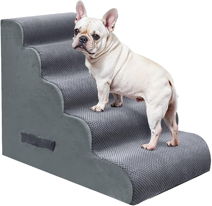PAWSCRAT Pet Stairs for Dogs 5-Step, 22.8" H Pet Stairs for High Bed, Couch Sofa & Chair, 30D Material Soft Foam Dog Steps with Non-Slip Bottom Surface Removable Washable Cover, Grey