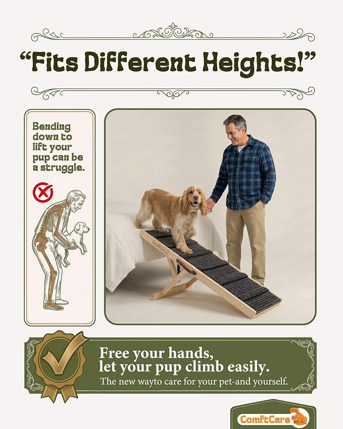 Dog Ramp for Bed & Couch, Height Adjustable Foldable Pet Ramp for Small & Medium Dogs, Non-Slip Surface for Secure Climbing, Portable Indoor Ramp, Joint-Friendly Design, Up to 70 lbs