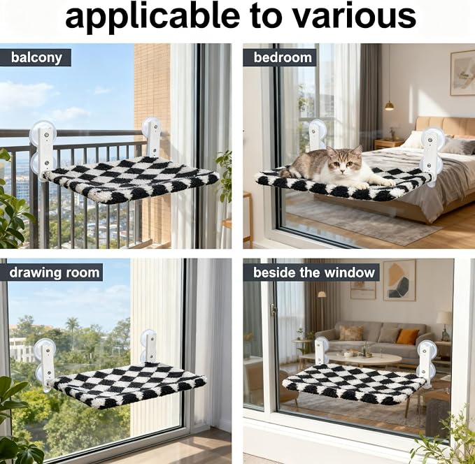 Cat Window Perch, Foldable Cat Hammock Seat for Window with Metal Frame and Large Suction Cups, Window Perch for Cats Inside, Hold 40lb (Black and White, XL)