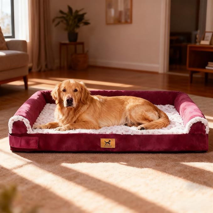 XXL Orthopedic Dog Bed - Breathable Egg-Crate Foam Sofa Couch with Bolster, Water-Resistant Liner & Washable Rose Velvet - Ideal for German Shepherds, Boxers, Rose Pink, (48'' x 30'')