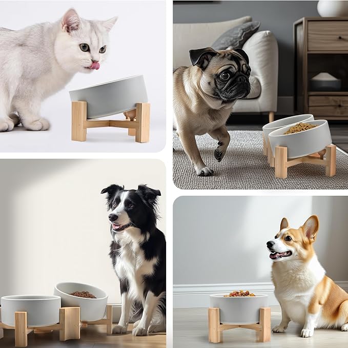 SPUNKYJUNKY 15° Slanted Ceramic Dog and Cat Bowl with Wooden Stand, Tilted Bulldog Food and Water Bowl No Slip Non-Spill for Cats Medium Dogs Big Face Pets 28.7 OZ (3.6 Cups, Grey)