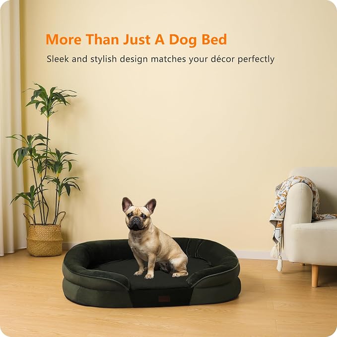 Dwanton Orthopedic Dog Bed for Medium Dogs with Gel Memory Foam, Waterproof Dog Sofa, Washable Pet Bed with Four Sided Bolster Cushion, Removable Cover & Non-Slip Bottom, 28", Green
