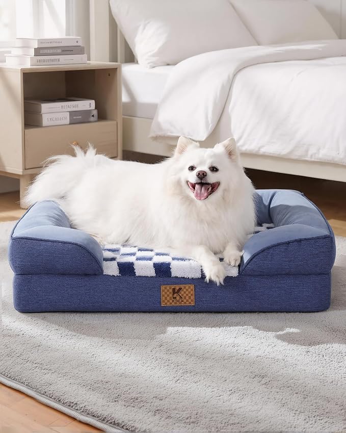 KSIIA Waterproof Dog Bed Orthopedic for XL Senior Dog Couch with Sides, Extra Thick Supportive Pet Bed Sofa with Soft Plush Cover and Non-Slip Bottom, 48 x 35 Inch, Blue