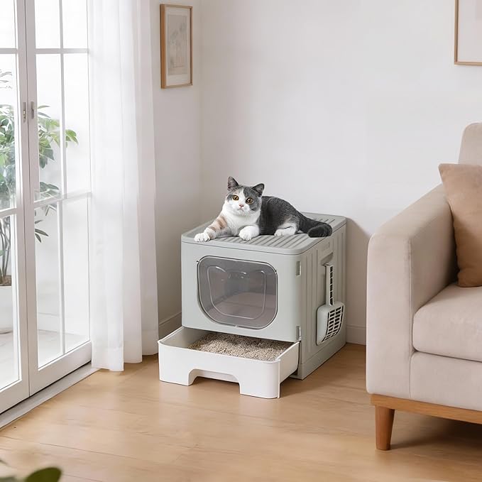 OLIXIS Foldable Cat Litter Box with Lid, Large Cat Box with Scoop, Front Entry Top Exit Kitty Litter Boxs with Door, Easy Cleaning Drawer Design Odor Control, Grey