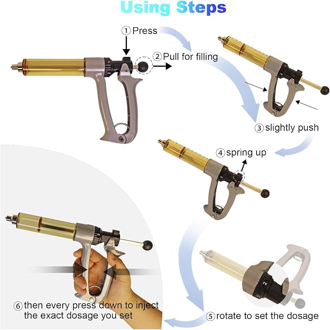 50ml semi-automatic livestock injector, 5-level adjustable continuous repeating Luer lock livestock injector, ergonomic design, suitable for cattle, horses, goats, sheep, and pigs on farms and ranches.