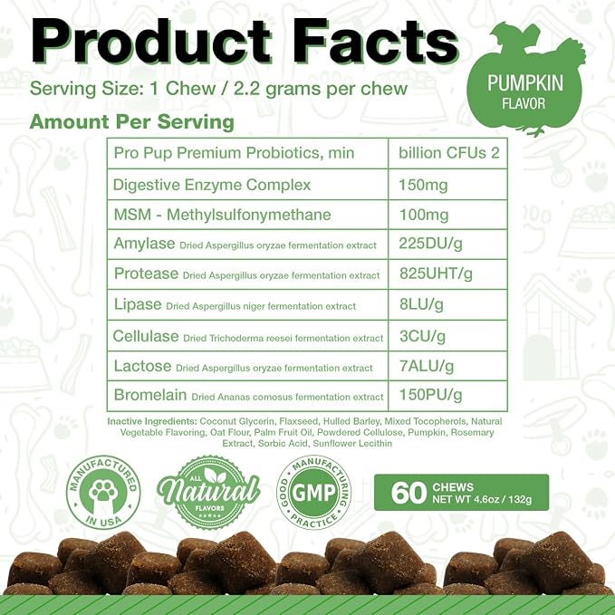 Probiotics for Dogs - Diarrhea Relief, Gut Health Support, Constipation Relief, Digestive Health Support - Vet Recommended Dog Probiotics - 60 Soft Chews that Dogs Love - Pumpkin Flavor