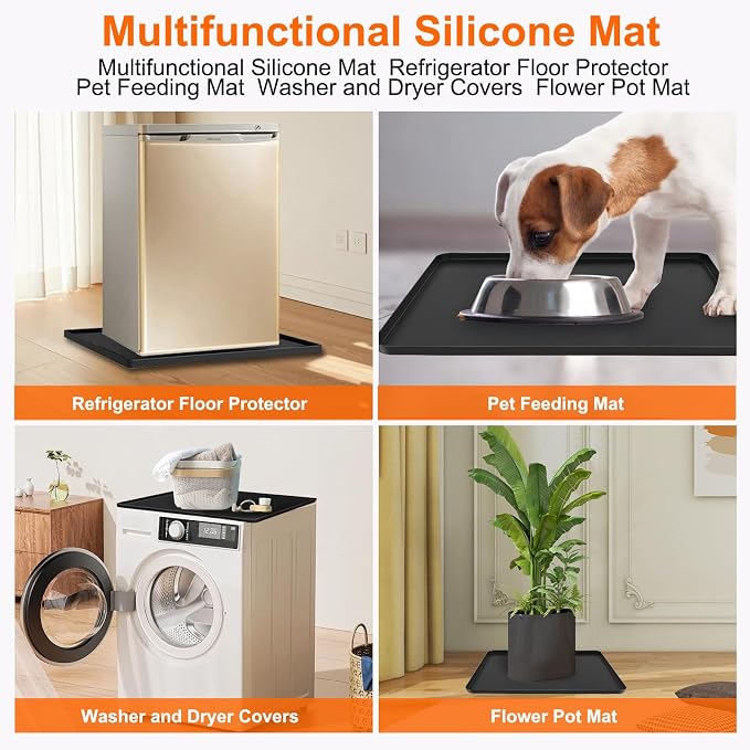 Mini Fridge Mat, 19.7x19.7x0.6 Inch Non-Slip Thick Under Refrigerator Silicone Mat, Leak-Proof Washer Drip Tray for Carpet Floor Protection, Black