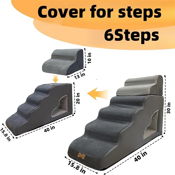 Pet Steps Cover for Small Dogs and Cats, Portable Foam Dog Ramp Stairs for Couch, Sofa, and High Bed Climbing - Grey 6-Step 39.3" L*15.8" W*30" H (Cover Only)