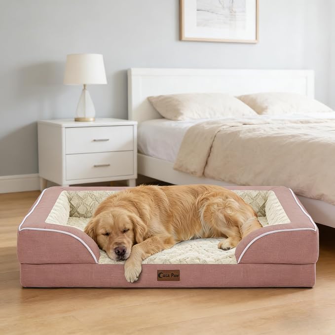 Orthopedic Dog Beds for Medium Sized Dogs 35x22 Inch, Medium Waterproof Memory Foam Dog Sofa Bed with Removable Washable Cover Pet Couch with Bolster, Pink