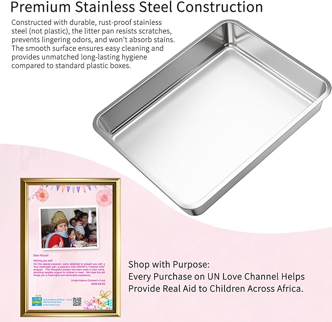 RIZZARI Stainless Steel Cat Box: All Black Covered Design with High Sides to Prevent Leaks - Easy-Clean Drawer & Non-Stick Coating for Odor Control - Dual Entry with Top Exit - Bathroom Garage
