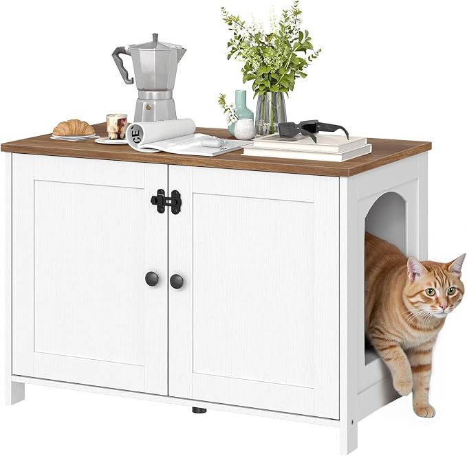 HOOBRO Litter Box Enclosure, Cat Litter Box Furniture with Removable Divider, Hidden Litter Box Furniture, Wooden Cat House, End Side Table, 31" L x 17.5" W x 19.7" H, White and Walnut WH03MW01G2