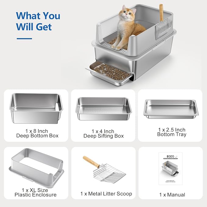 23.6x16x14'' Sifting Litter Box with Drawers, Stainless Steel Drawer Litter Box with 6'' Lid & Metal Scoop, XL Cat Litter Tray, Odor-Control & Saves Clean Time, Fits Most Cats