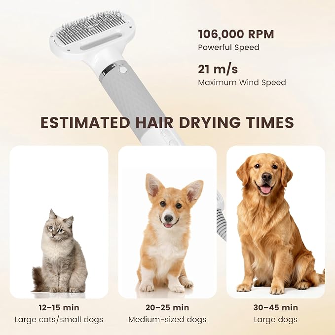 4-in-1 Handheld Pet Hair Dryer for Dogs and Cats, High Velocity Dog Blow Dryer with 3 Speed-Heat Modes, Lightweight Portable Grooming Blower for Fast Drying