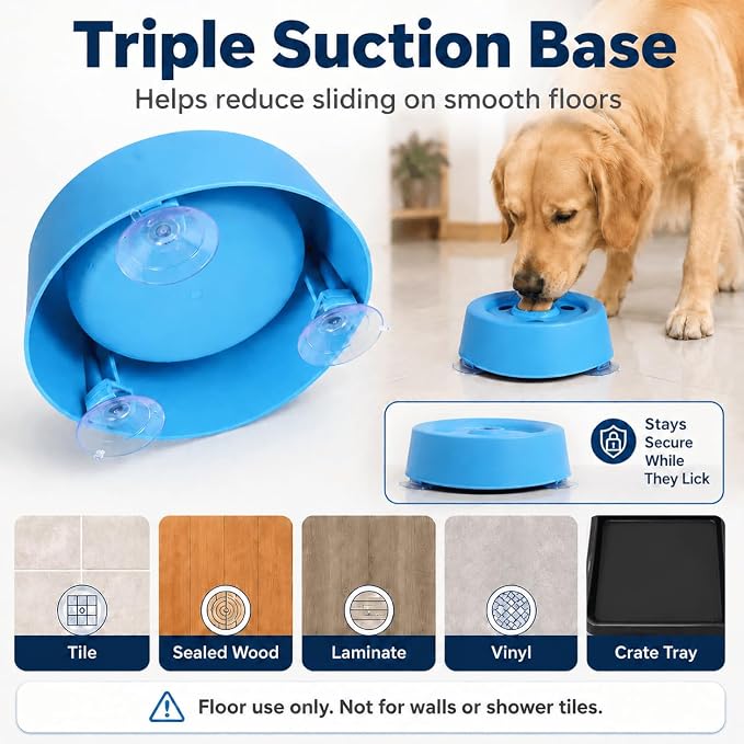 Dog Lick Bowl for Liquid Treats, Dog Lick Ball with Fixed Rolling Ball, 220ml PP Slow Feeder with 3 Suction Cups for Bone Broth Yogurt Supplements, Blue