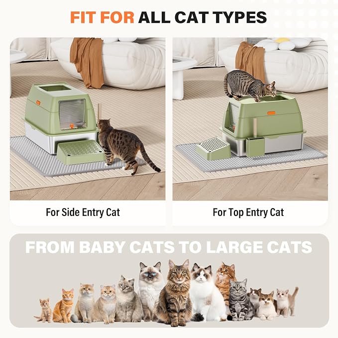 Removable Stainless Steel Cat Litter Box with lid, Front & Top Entry Kitty LitterBox,Cat Litter Box Enclosure, XL Extra Large High-Sided Metal Cat Box with Scoop,Mat,Footboard (Green)