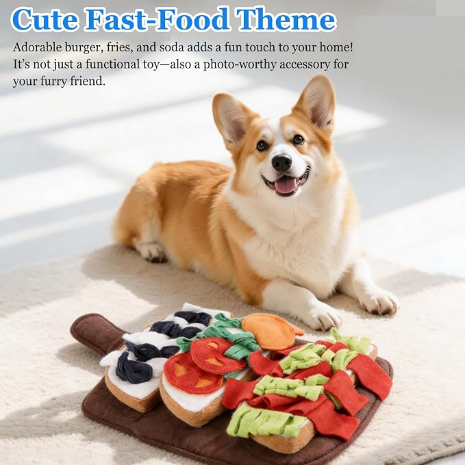 Dog Snuffle Mat for Boredom and Anxiety Relief - Interactive Puzzle Feeding Mat with Squeaky Crinkle Paper, Food-Hiding Design for Mental Stimulation & Energy Burning (Burger Fries Style)