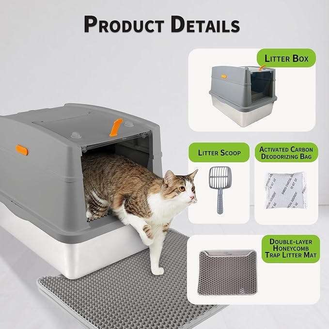 Large Stainless Steel Cat Litter Box with Lid, Enclosed High Sided Sifting Metal Litter Boxes with Scoop for XL Cats, Multicat, Non-Sticky, Anti-Leakage, Easy Cleaning, Grey