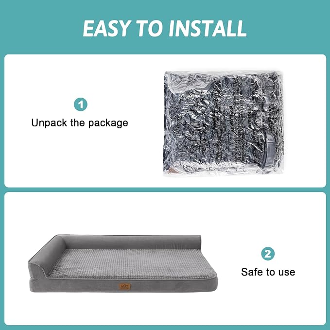 COZY KISS Orthopedic Dog Bed for Large Size Dog, XL Dogs Crate Bed, L Shaped Foam Anti-Slip Bottom Pet Cat Sofa with Washable Removable Cover, Suitable for Pet Up to 100 lbs, 42x30x7.5 inch, Grey