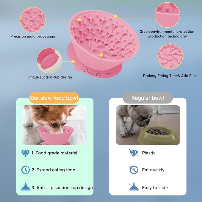 Dog Lick Bowl – Silicone Lick Mat for Dogs,Freezer-Safe, Slow Feeder, Non-Slip Base, Includes Brush & Scraper, Large Opening for Anxiety Relief & Oral Health, Ideal for Frozen Treats (Pink)-Large