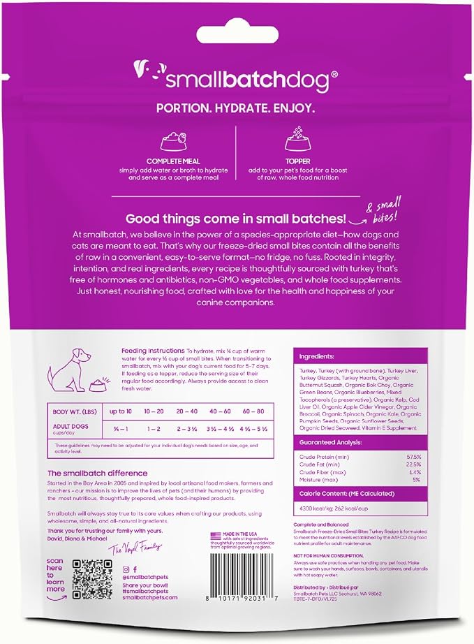 smallbatch Pets Freeze-Dried Raw Dog Food – Turkey Recipe – 7oz Small Bites – High Protein, Grain Free – Complete Meal or Topper – Made in USA with Organic Superfoods (7 Oz, Turkey)