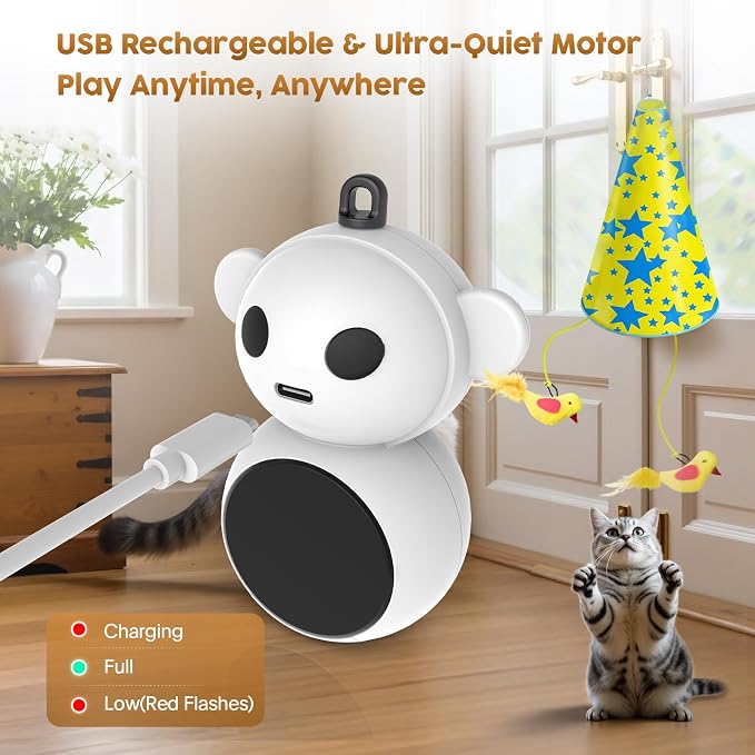 Interactive Cat Toy for Indoor Cats: 2 in1 Automatic Hide and Seek Moving Concealed Flying Bird Wand Feather with Chirping Bird Squeaky, Hanging Rechargeable Exercise Cat Toy for Kittens and Adult Cat