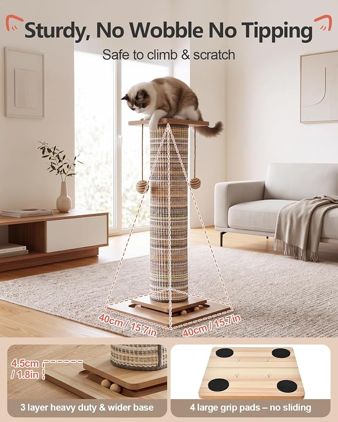 31" Extra Tall Cat Scratching Post, Natural Sisal Cat Scratcher for Indoor Cats Adults & Large Cats, Sturdy Wood Cat Tree Tower with Interactive Ball Track & Top Perch, Modern Design for Home Decor