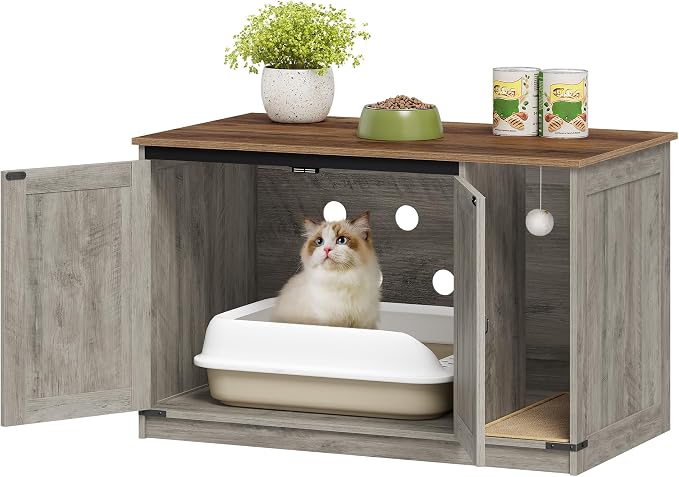 Hzuaneri Cat Litter Box Enclosure, Hidden Litter Box Cabinet Furniture with Bell, Indoor Cats House, Farmhouse Style, 39.4 x 21.7X 24.8 Inches, for Hallway, Bedroom, Greige CB85205X