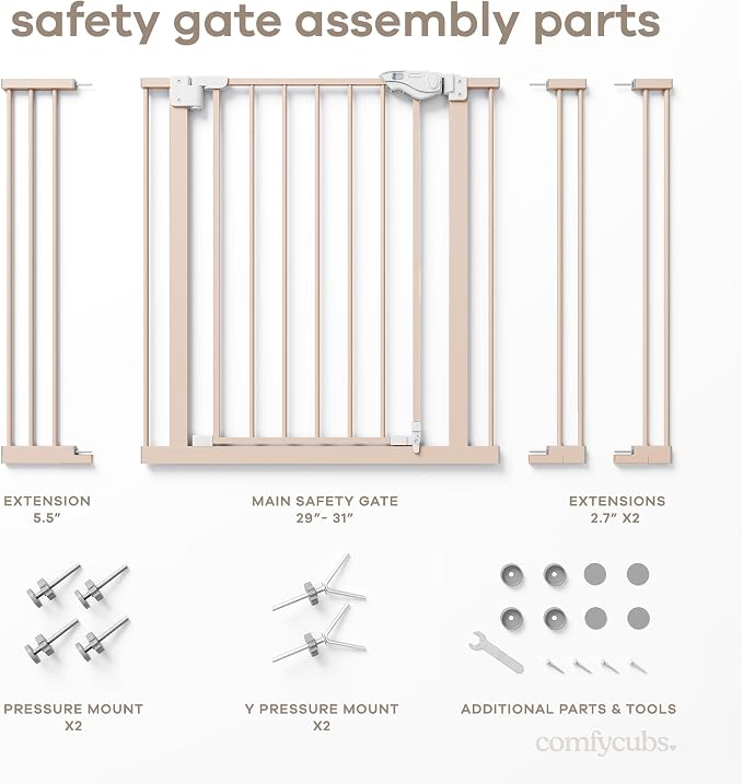 Comfy Cubs Baby Safety Gate with 3 Extensions - Adjustable 42" x 1.9" x 30" Q195 Steel Doorway Barrier - Powder-Coated Finish for Stairs and Doorways - Walk-Through Design Pet Gate - Blush