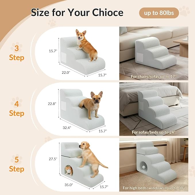 Dog Stairs for Couch and Chair,15.7" H 3-Step Pet Steps for Small Dogs and Cats, Non-Slip Sturdy Dog Ramp with Anti-Tip Safety Strap and Washable Cover,Balanced Ramp Indoor Pet Stairs